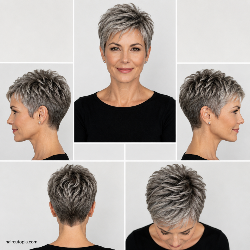 Pixie haircut for women over 40 shown from the front, left side, right side, back, and top views