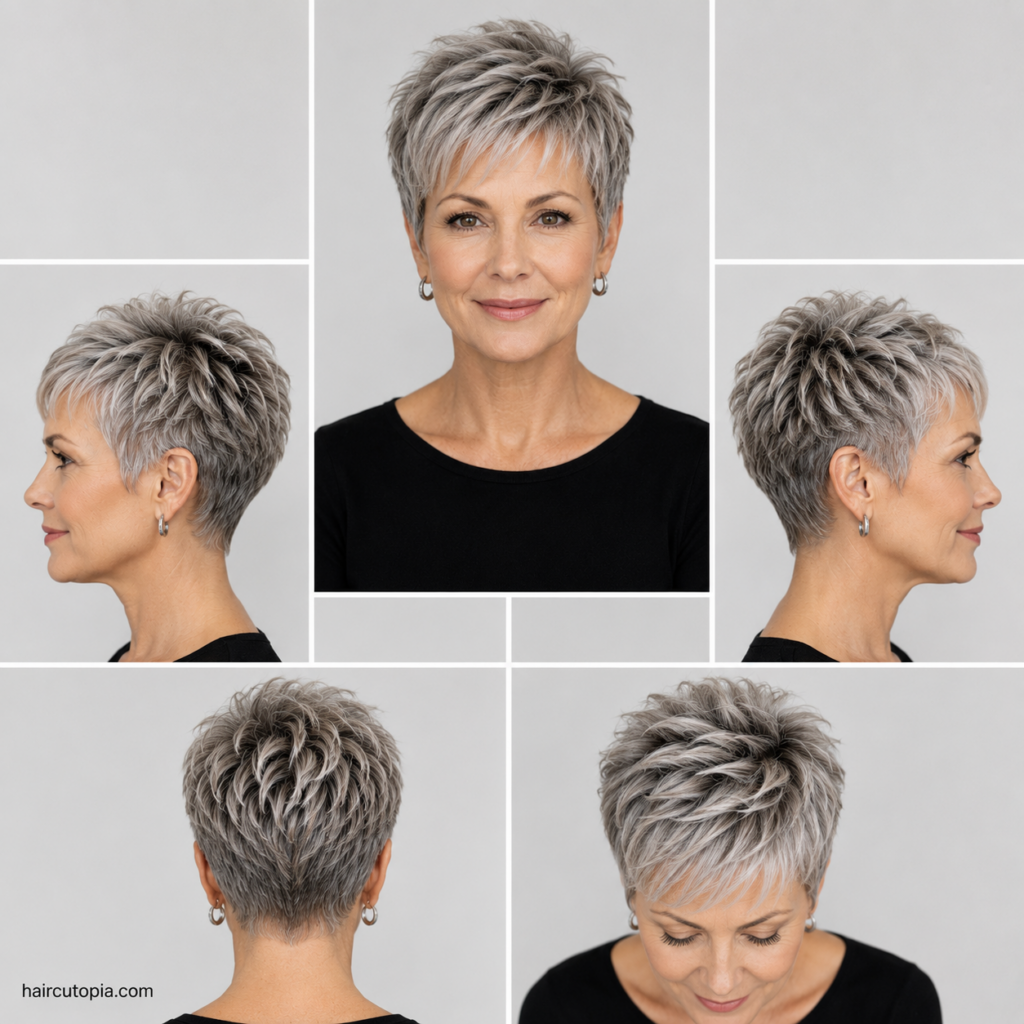 Pixie haircut for women over 50 shown from the front, left side, right side, back, and top views