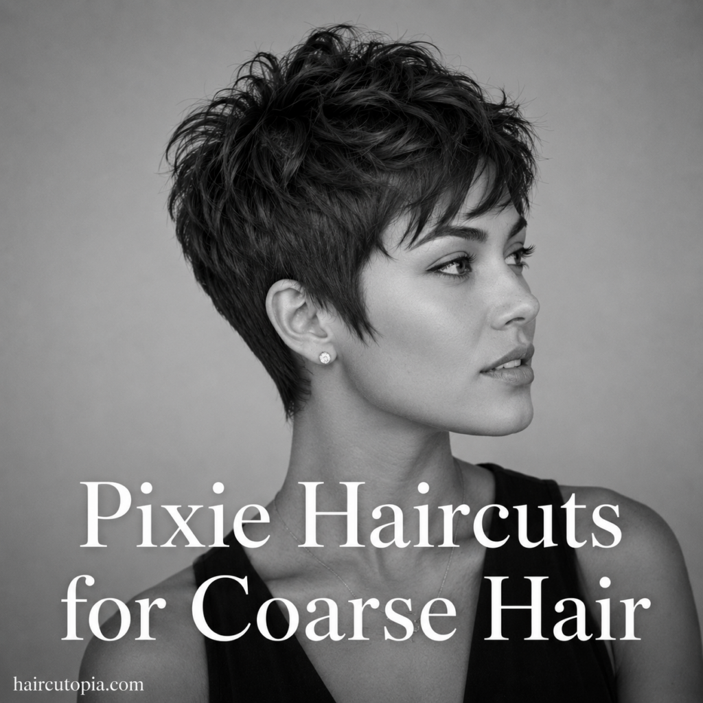 Woman with a textured pixie haircut for coarse hair in a black-and-white editorial portrait showcasing a modern short hairstyle with natural volume.