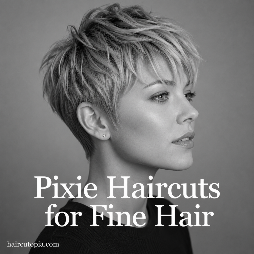 Woman with a modern textured pixie haircut for fine hair in a black-and-white editorial portrait showcasing a voluminous short hairstyle.
