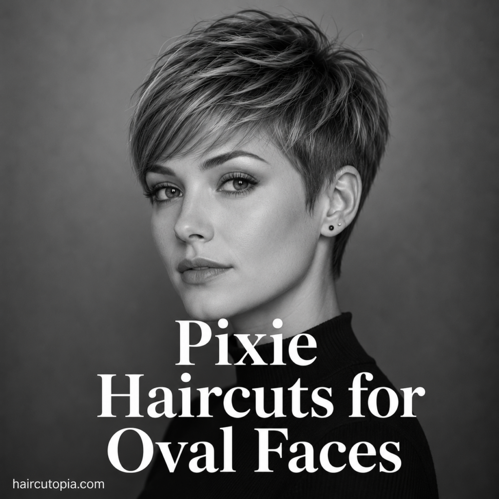 Woman with a modern textured pixie haircut for an oval face in a black-and-white editorial portrait.