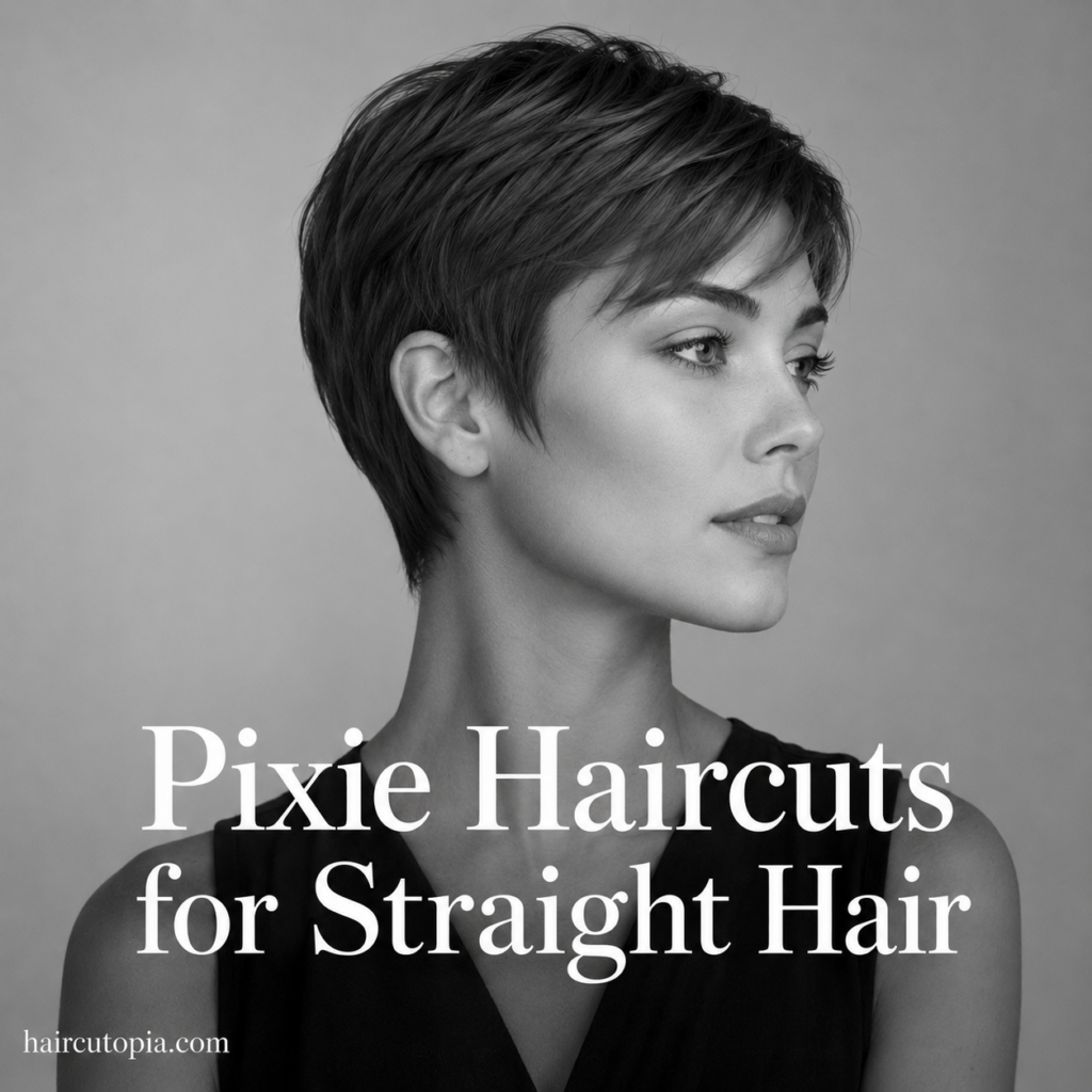 Woman with a sleek modern pixie haircut for straight hair in a black-and-white editorial portrait highlighting a polished short hairstyle.