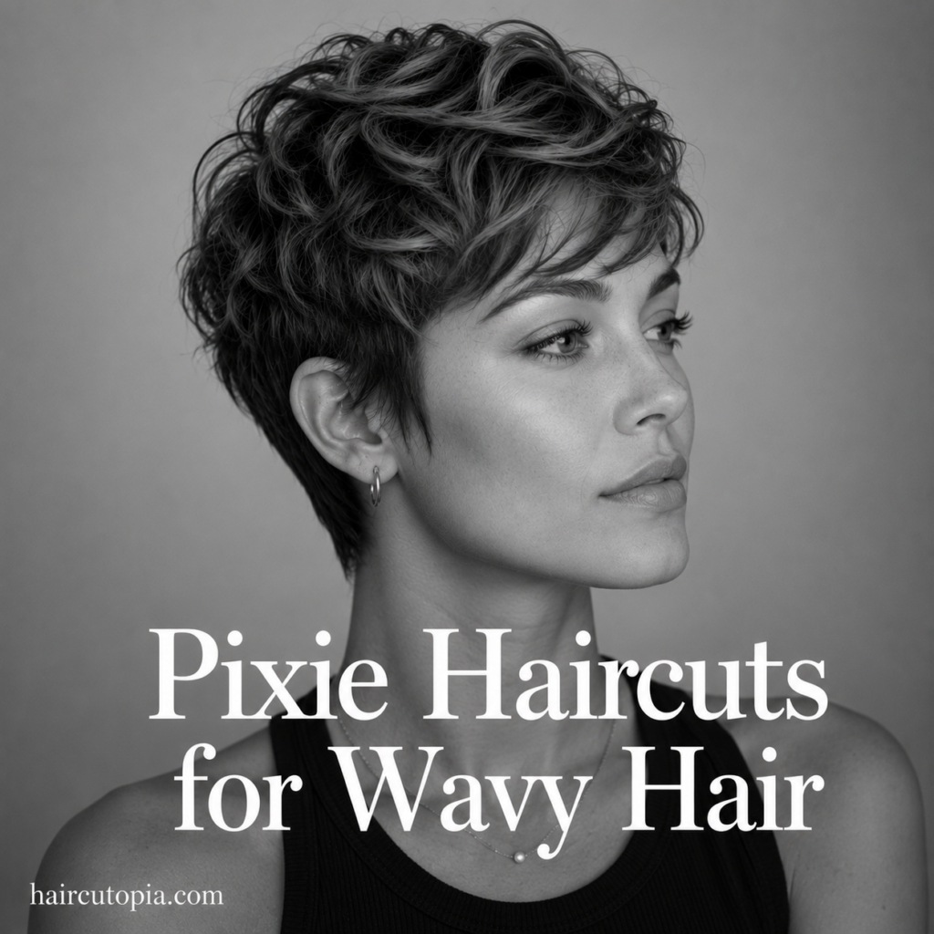 Woman with a modern wavy pixie haircut in a black-and-white editorial portrait showcasing soft texture and natural movement.