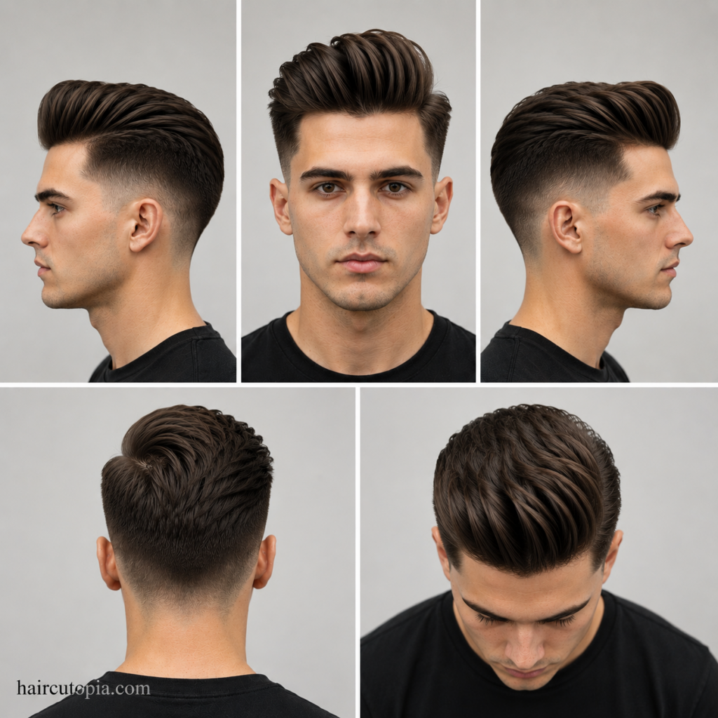 Five-view collage of a modern pompadour haircut showing the front, left side, right side, back, and top views with a voluminous textured top and low fade.