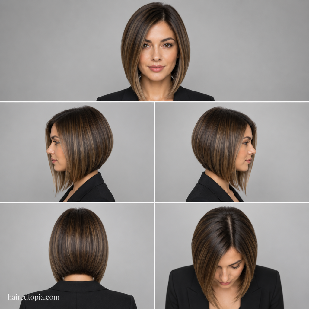 Five-view collage of a professional A-line bob haircut showing the front, left side, right side, back, and top view of the sleek office-ready hairstyle.