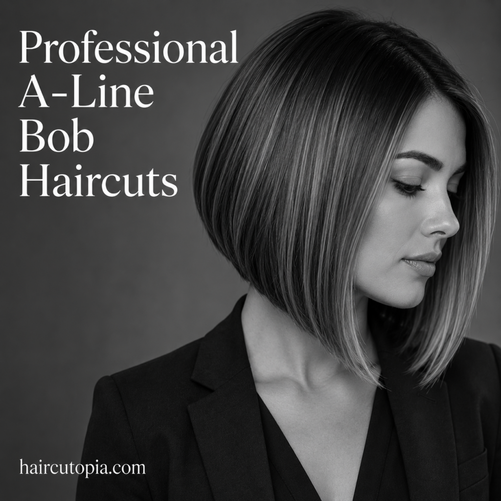 Professional A-line bob haircut with sleek angled layers in a black-and-white editorial portrait of a businesswoman