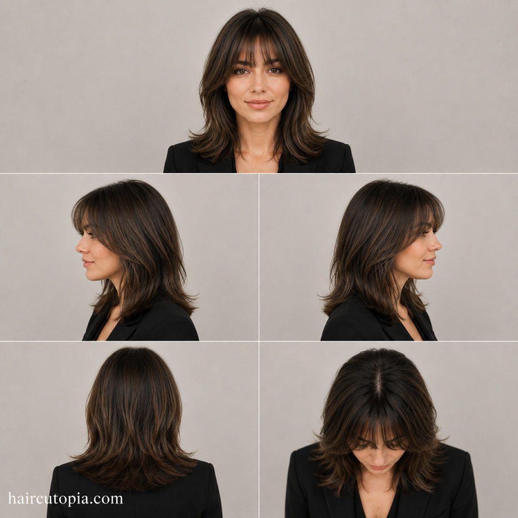 Five-view collage of a woman with a professional shoulder-length haircut and curtain bangs shown from the front, left side, right side, back, and bird's-eye views.