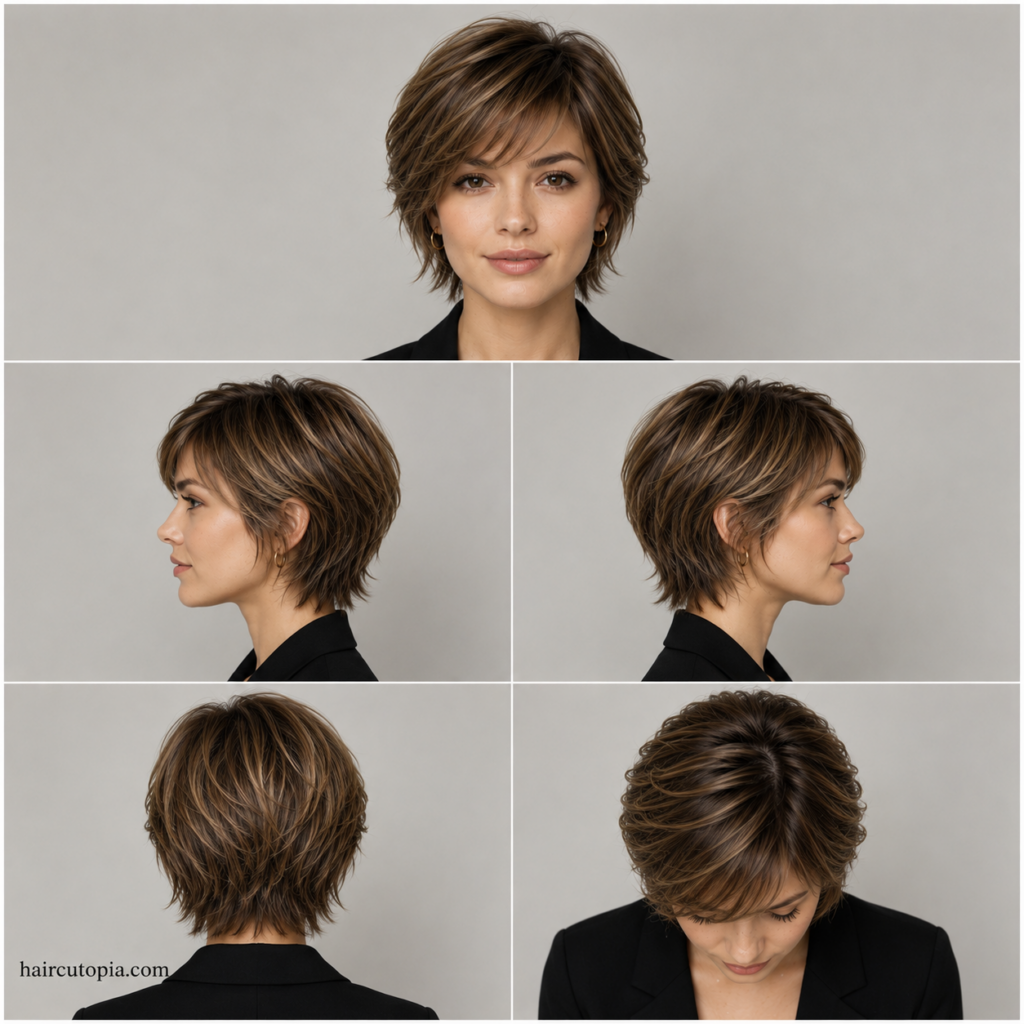 Professional bixie haircut shown from the front, left side, right side, back, and top view highlighting polished layers, side-swept bangs, and an office-ready silhouette.