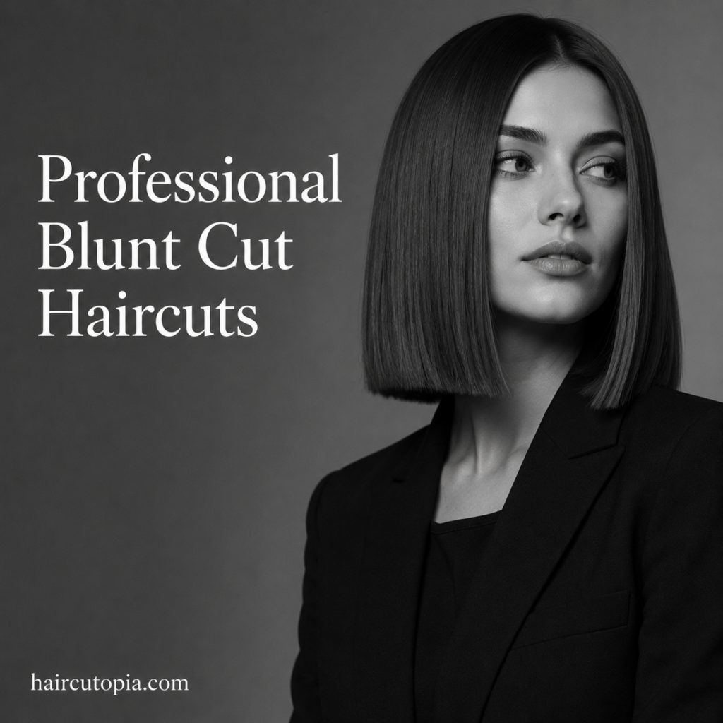 Woman with a sleek professional blunt bob haircut in a black-and-white editorial portrait.