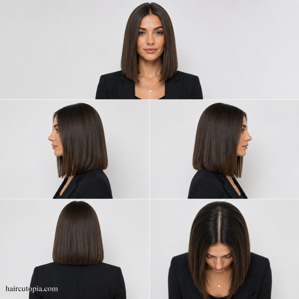 Five-panel collage showing a professional blunt cut haircut from the front, left side, right side, back, and top views.