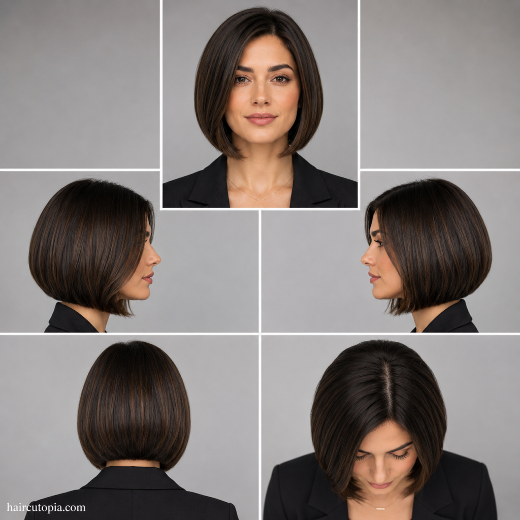 Five-view collage of a professional bob haircut showing the front, left side, right side, back, and top views of a sleek office-ready bob hairstyle.