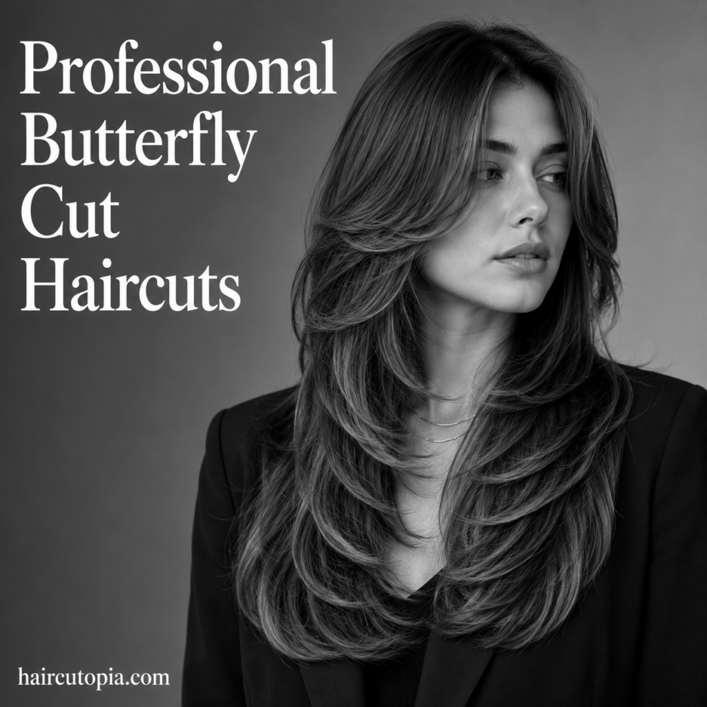 Woman with a professional butterfly cut hairstyle featuring polished feathered layers and soft face-framing volume in a black-and-white editorial portrait.