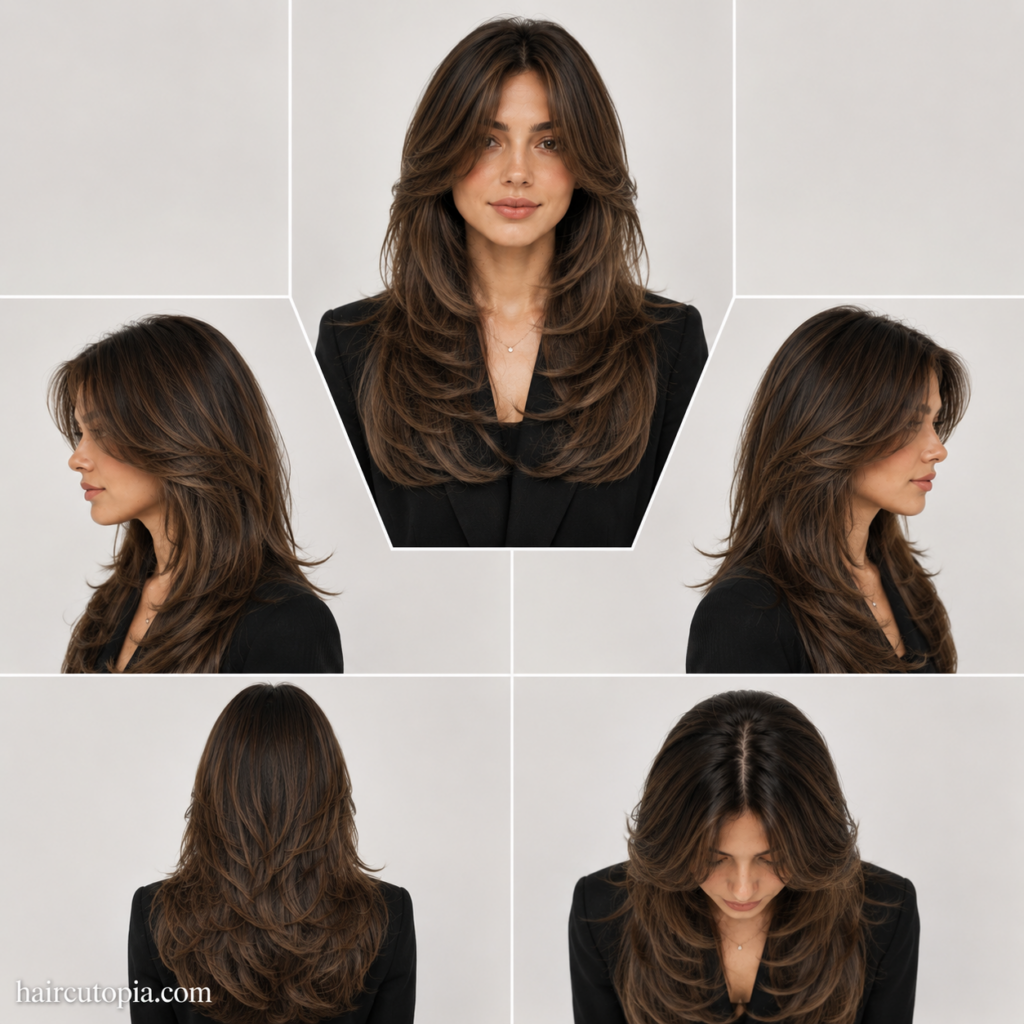 Five-view collage of a professional butterfly cut haircut showing the front, left side, right side, back, and top views with polished layered volume.