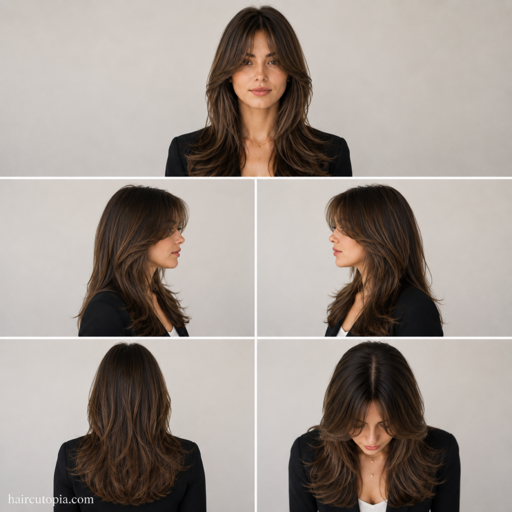 Five-view collage of a professional curtain bangs haircut showing the front, left side, right side, back, and top views of a polished layered hairstyle.