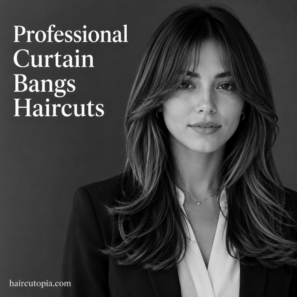 Woman with long layered hair and professional curtain bangs wearing business attire in a black-and-white editorial portrait.