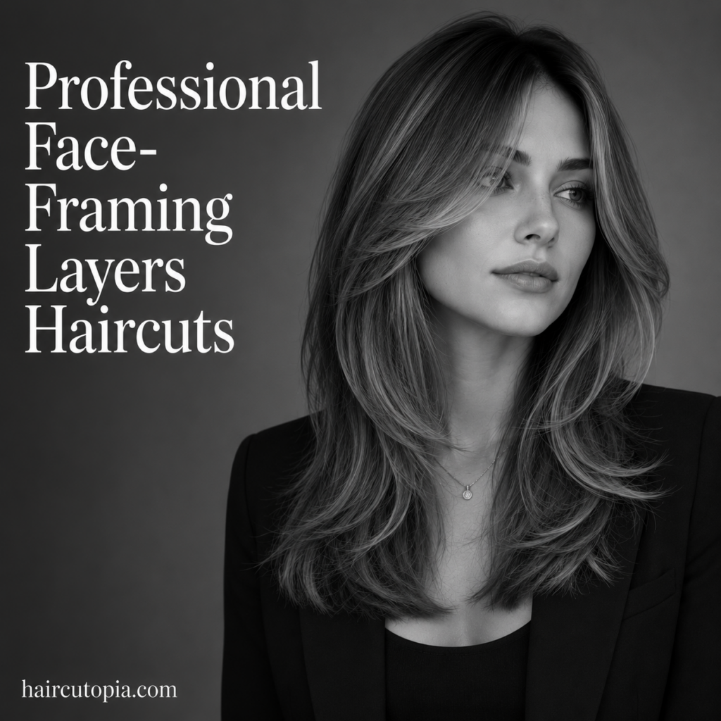 Woman with a polished face-framing layered haircut in a black-and-white editorial portrait wearing professional attire.