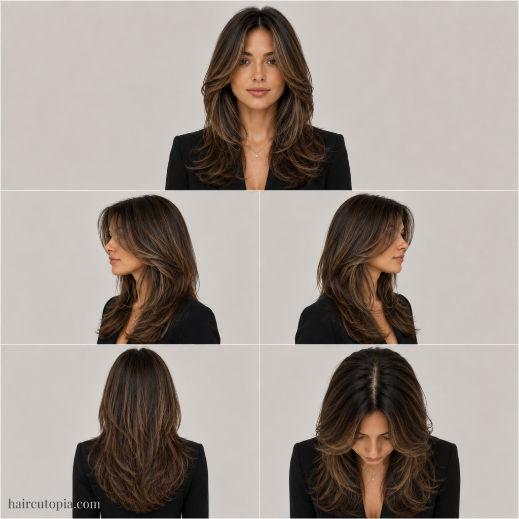 Five-view collage of a professional face-framing layered haircut showing the front, left side, right side, back, and bird's-eye views.
