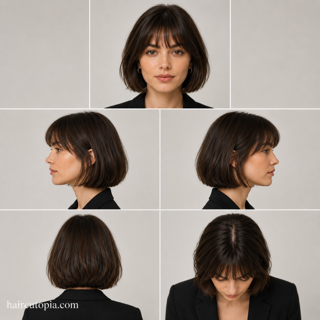 Professional French bob haircut shown from the front, side, back, and top views