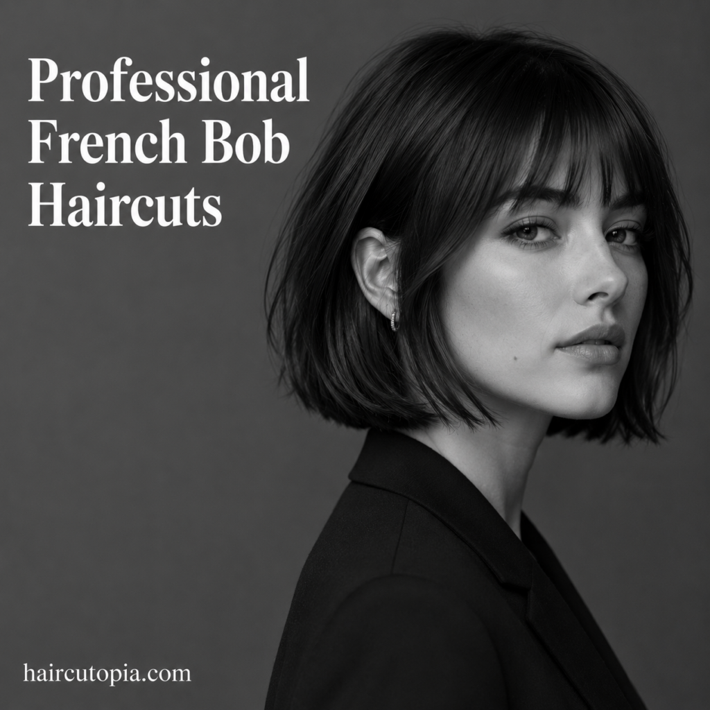 Professional French bob haircut with soft bangs and a sleek chin-length shape