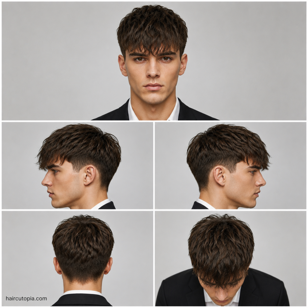 Five-view collage of a men's professional fringe haircut showing the front, left side, right side, back, and top views with textured layers and a clean low taper fade.