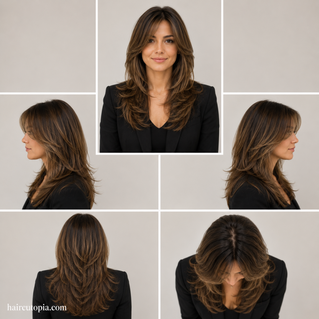 Five-panel collage showing a professional layered haircut from the front, left side, right side, back, and top views.