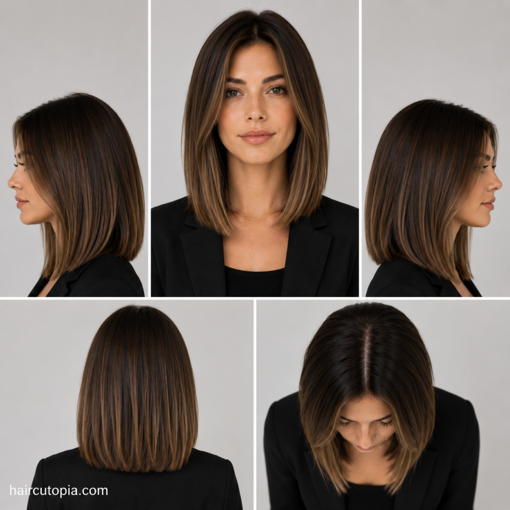 Five-view collage of a professional lob haircut showing the front, left side, right side, back, and top views of a sleek shoulder-length hairstyle.