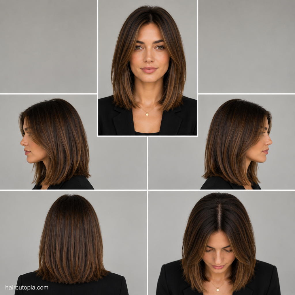 Five-view collage of a professional long bob haircut showing the front, left side, right side, back, and top views.