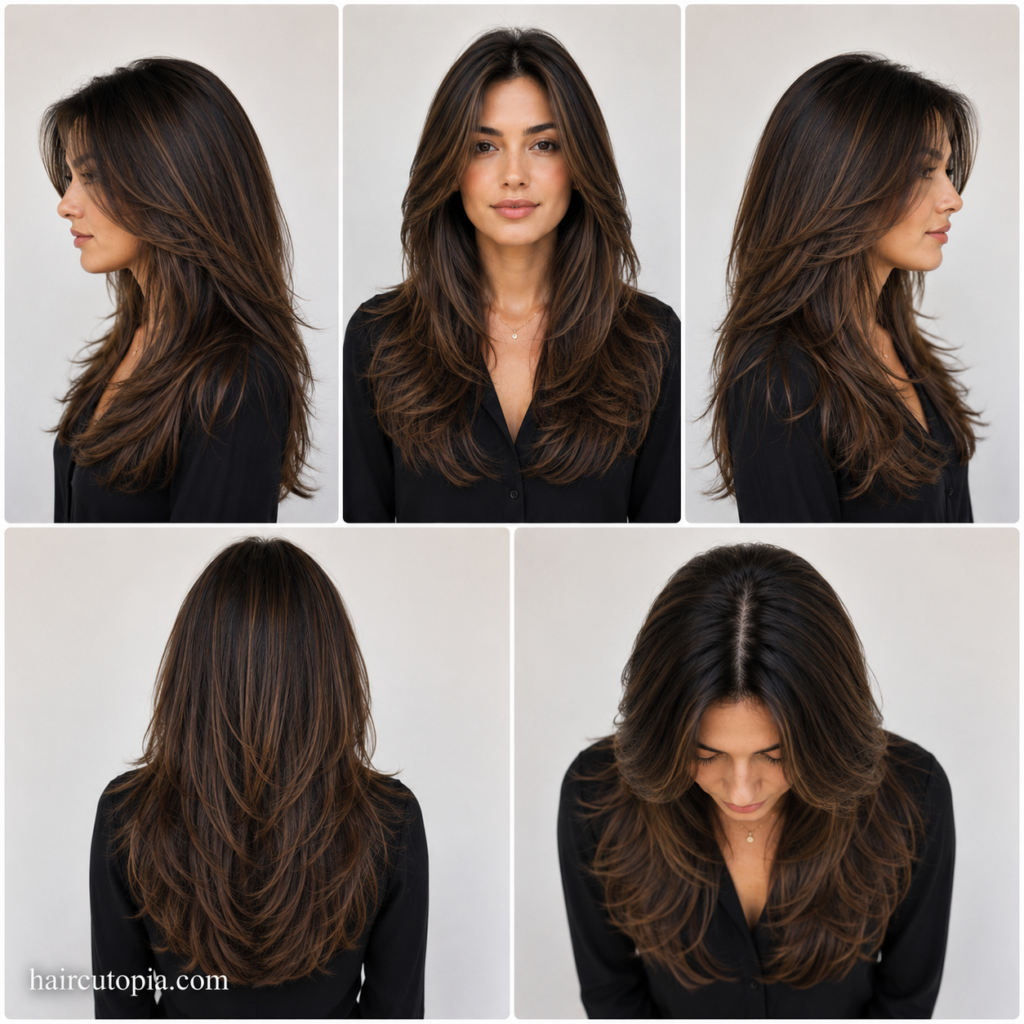 Five-panel collage showing a professional long layers haircut from the front, left side, right side, back, and bird's-eye views.