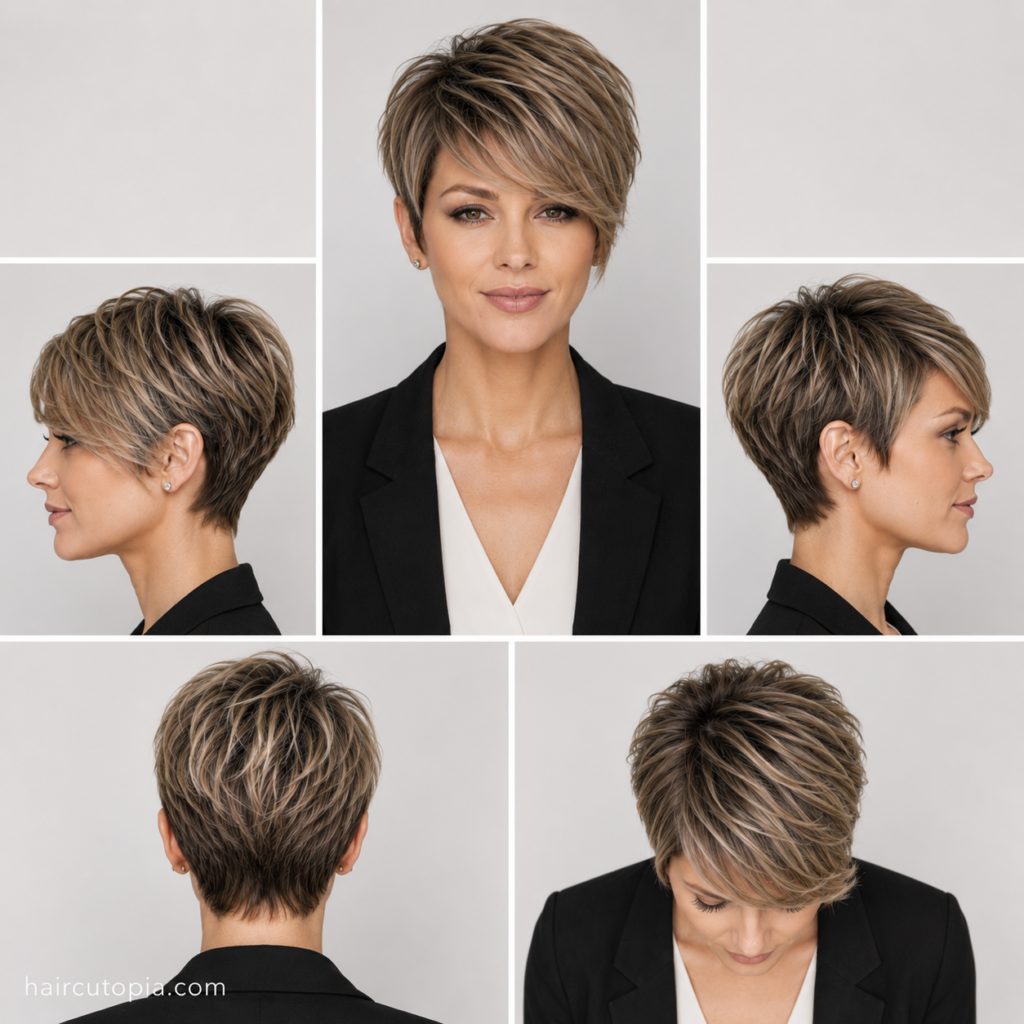 Five-panel collage showing a professional long pixie haircut from the front, left side, right side, back, and top views, highlighting polished layers, a long side-swept fringe, and a neat tapered shape.