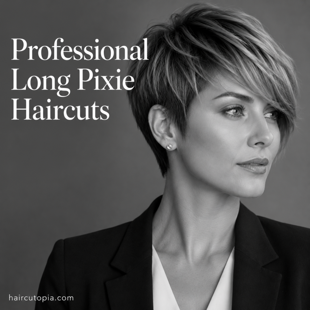 Woman with a professional long pixie haircut featuring layered texture, a longer side-swept fringe, and a polished tapered shape in a black-and-white editorial portrait.