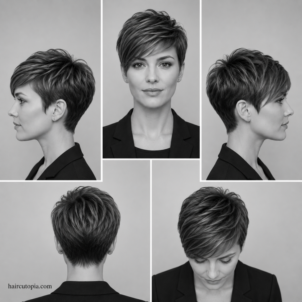 Professional pixie haircut shown from the front, left side, right side, back, and top views