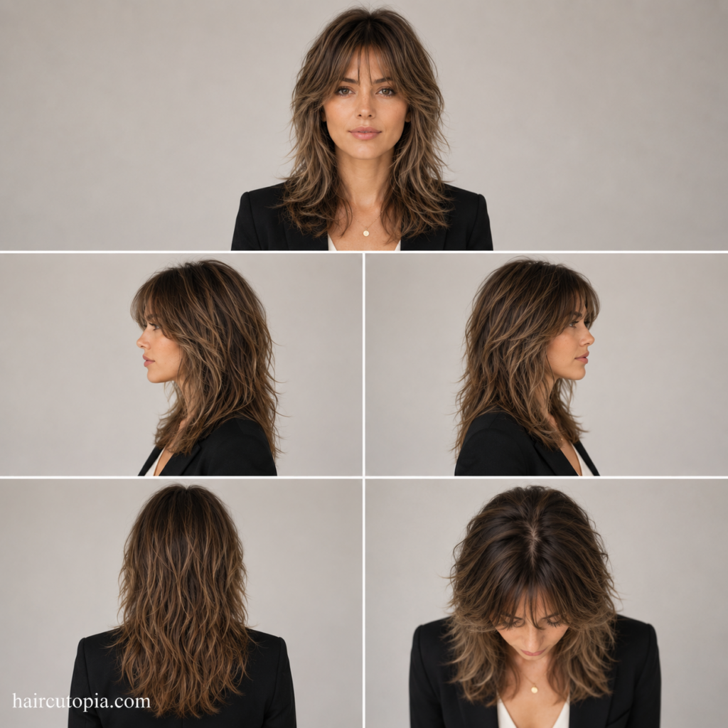 Five-view collage of a professional shag haircut showing the front, left side, right side, back, and top views with polished layered styling.