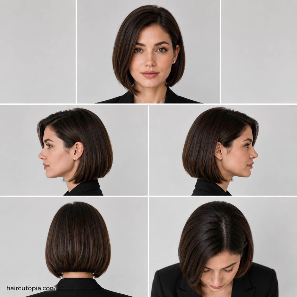 Five-view collage of a professional short bob haircut showing the front, left side, right side, back, and top views.