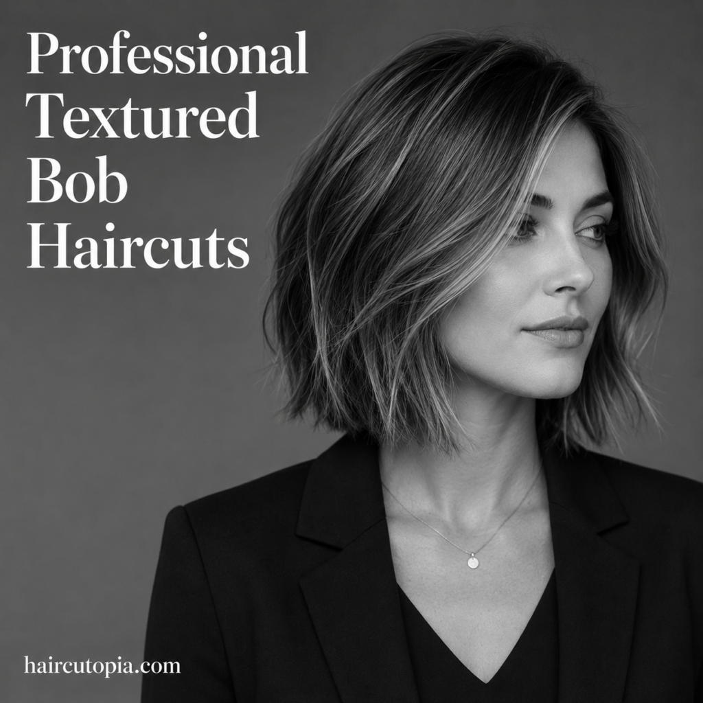 Woman with a professional textured bob haircut featuring soft layers in a black-and-white editorial portrait.
