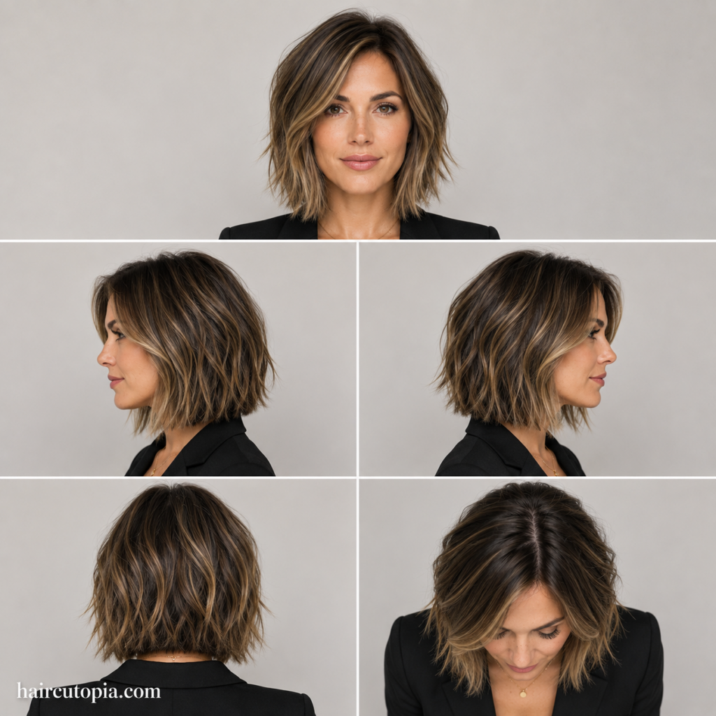 Five-view collage of a professional textured bob haircut showing the front, left side, right side, back, and top views.