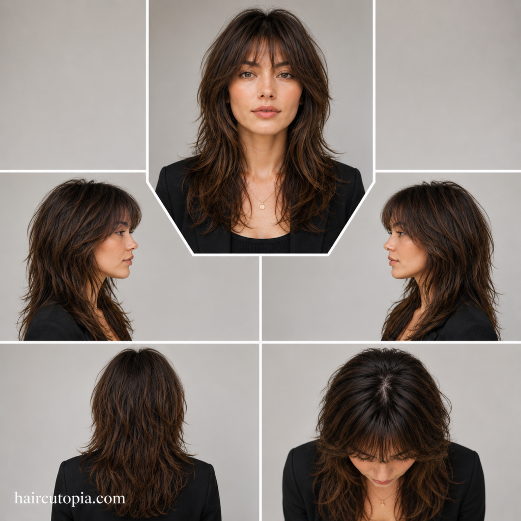 Five-view collage of a woman's professional wolf cut haircut showing the front, left side, right side, back, and top views with soft layered styling.
