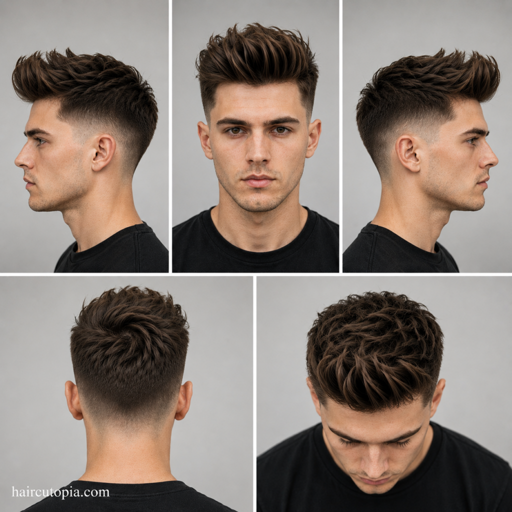 Five-view collage of a modern quiff haircut showing the front, left side, right side, back, and top views with a textured voluminous front and tapered fade.