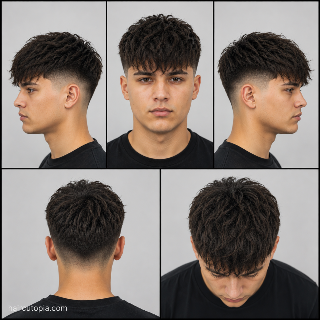 Five-view collage of a modern fringe haircut for round faces showing the front, left side, right side, back, and top views.