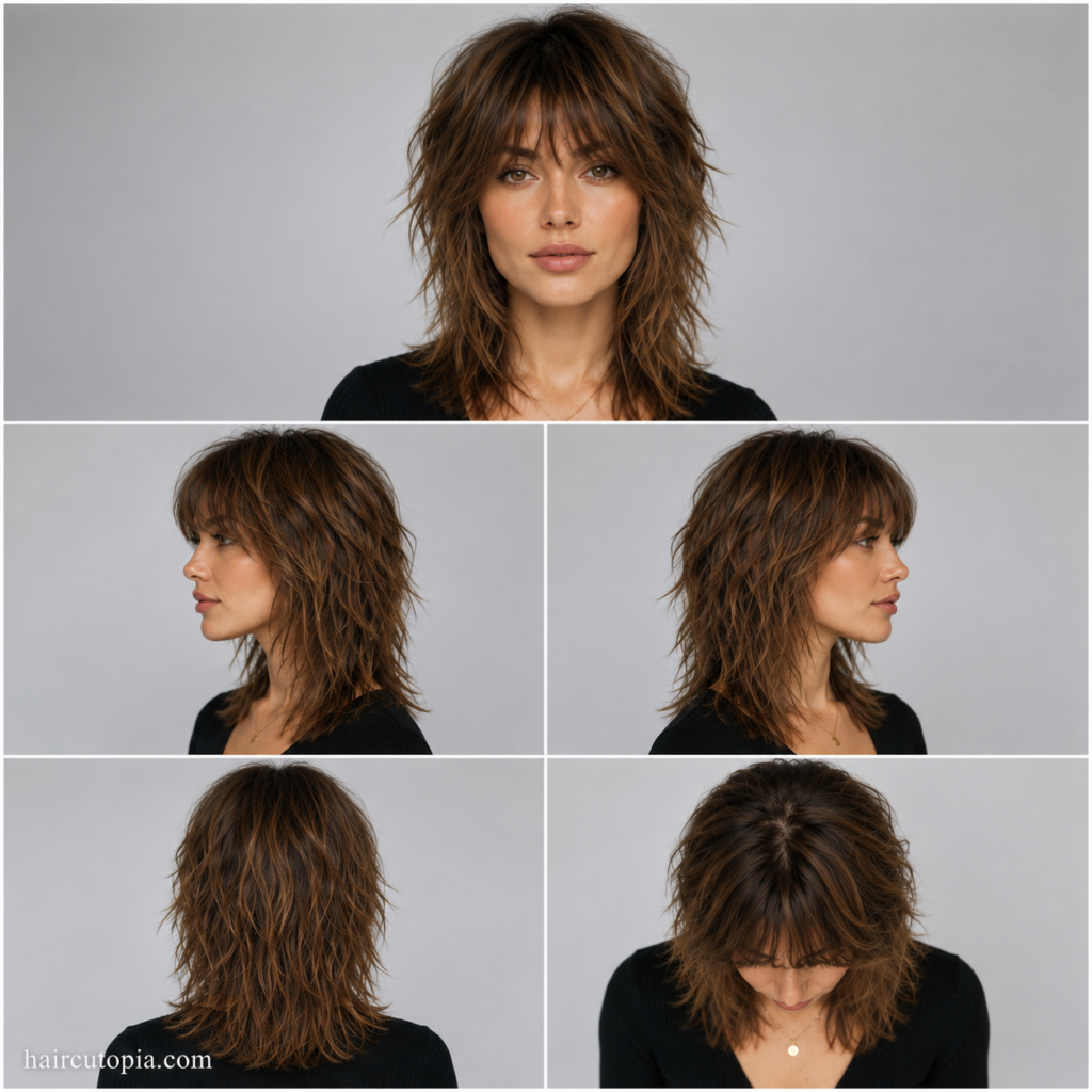 Five-panel collage showing a shag haircut for a diamond-shaped face from the front, left side, right side, back, and bird's-eye view.