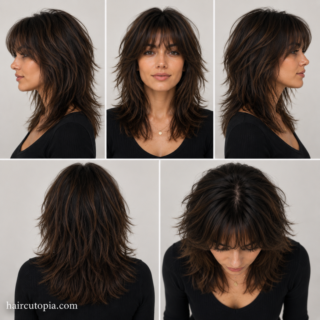 Five-angle view of a layered shag haircut for coarse hair showing the front, left side, right side, back, and top