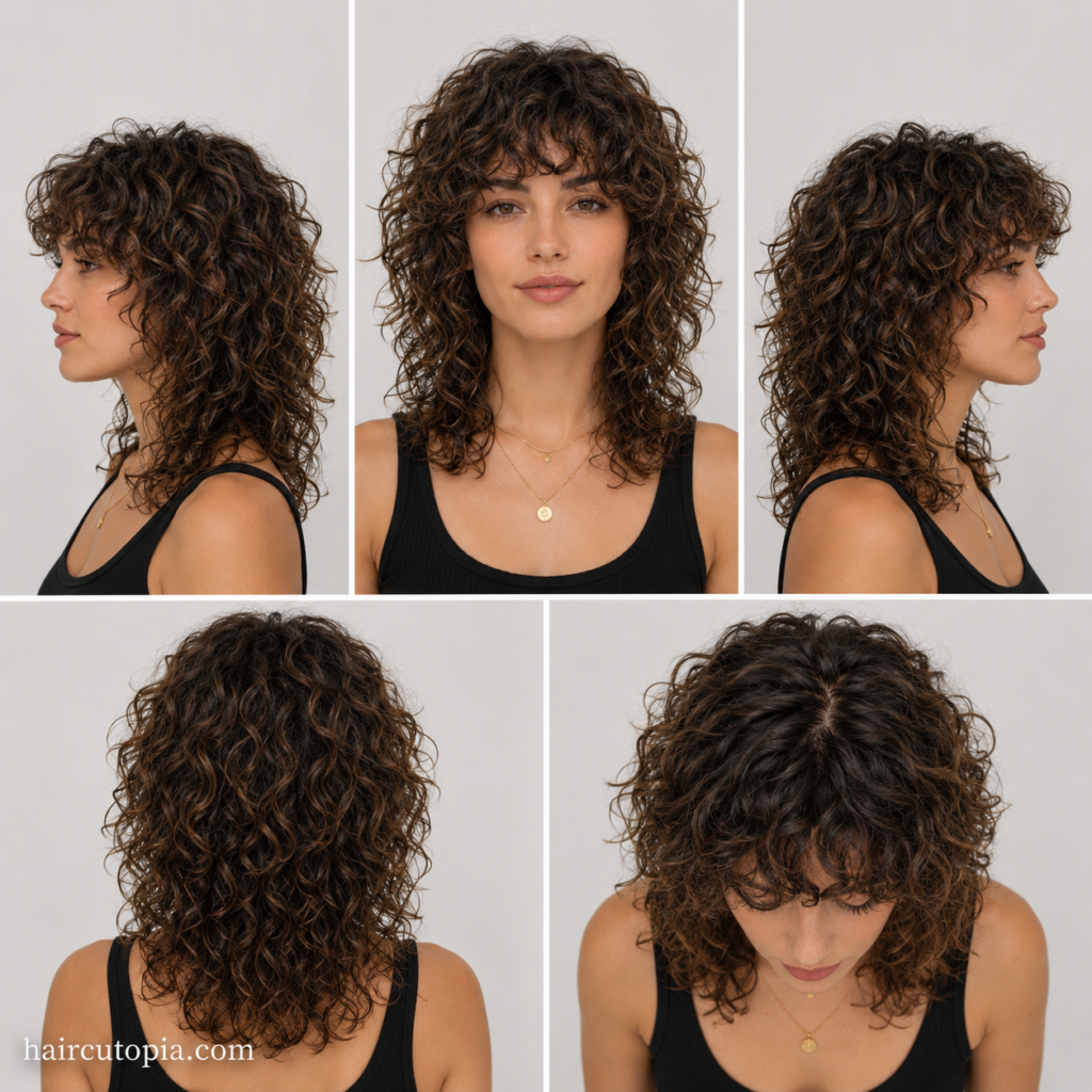 Five-angle view of a layered shag haircut for curly hair showing the front, left side, right side, back, and top