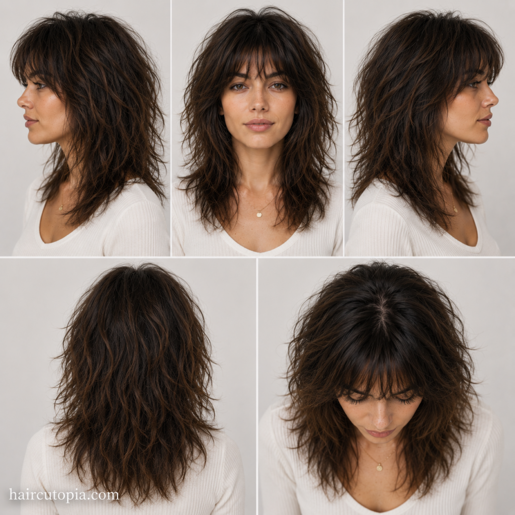 Five-angle view of a layered shag haircut for frizzy hair showing the front, left side, right side, back, and top