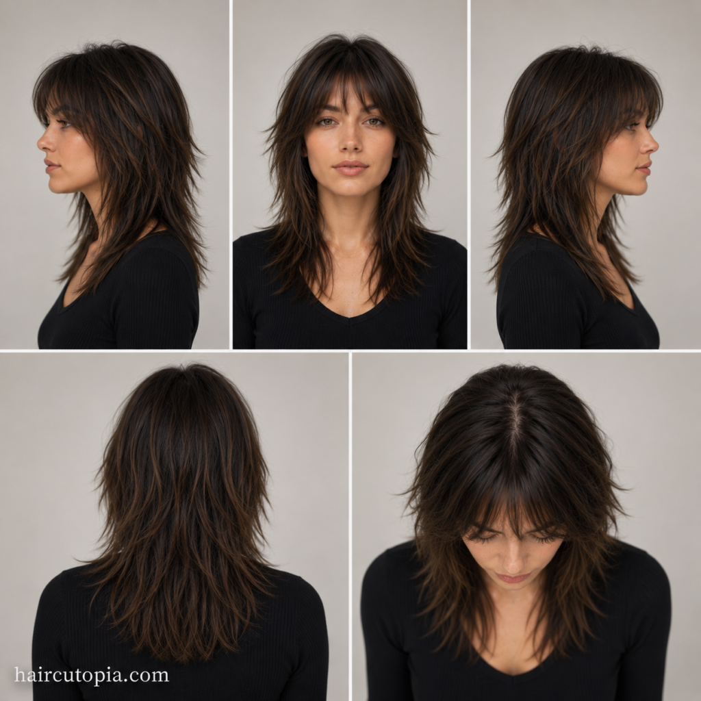 Five-angle view of a layered shag haircut for straight hair showing the front, left side, right side, back, and top