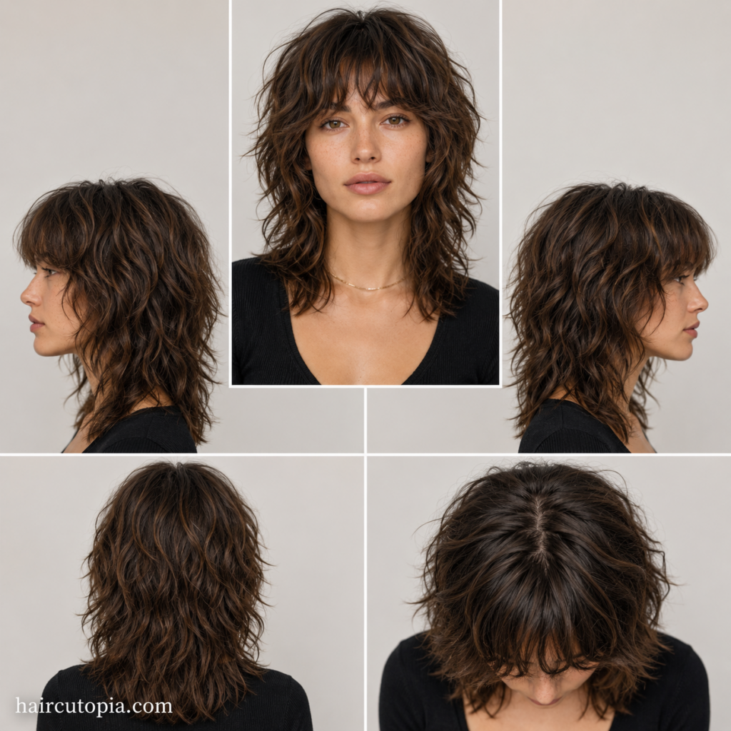 Five-angle view of a layered shag haircut for thick hair showing the front, left side, right side, back, and top
