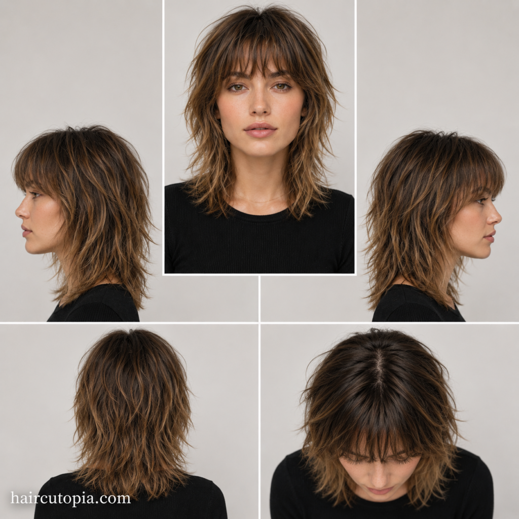 Five-angle view of a layered shag haircut for thin hair showing front, left side, right side, back, and top views