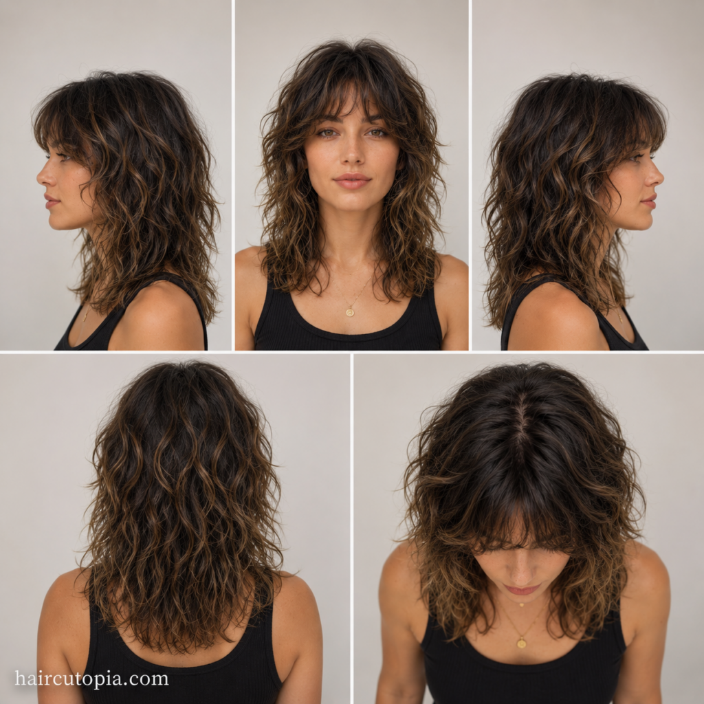 Five-angle view of a layered shag haircut for wavy hair showing the front, left side, right side, back, and top