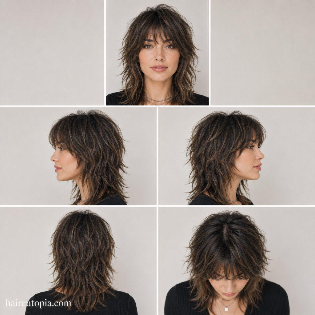 Shag haircut shown from front, left side, right side, back, and top views