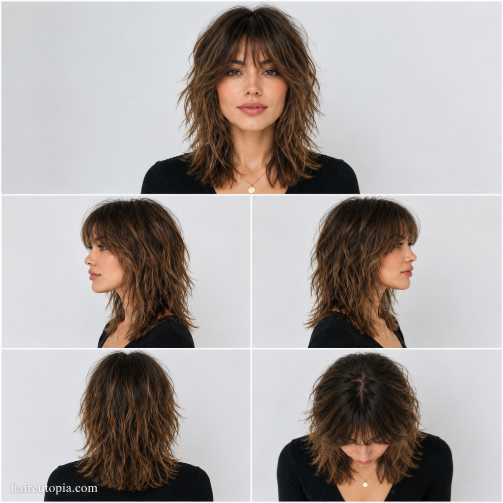 Five-panel collage showing a shag haircut for a heart-shaped face from the front, left side, right side, back, and bird's-eye view.