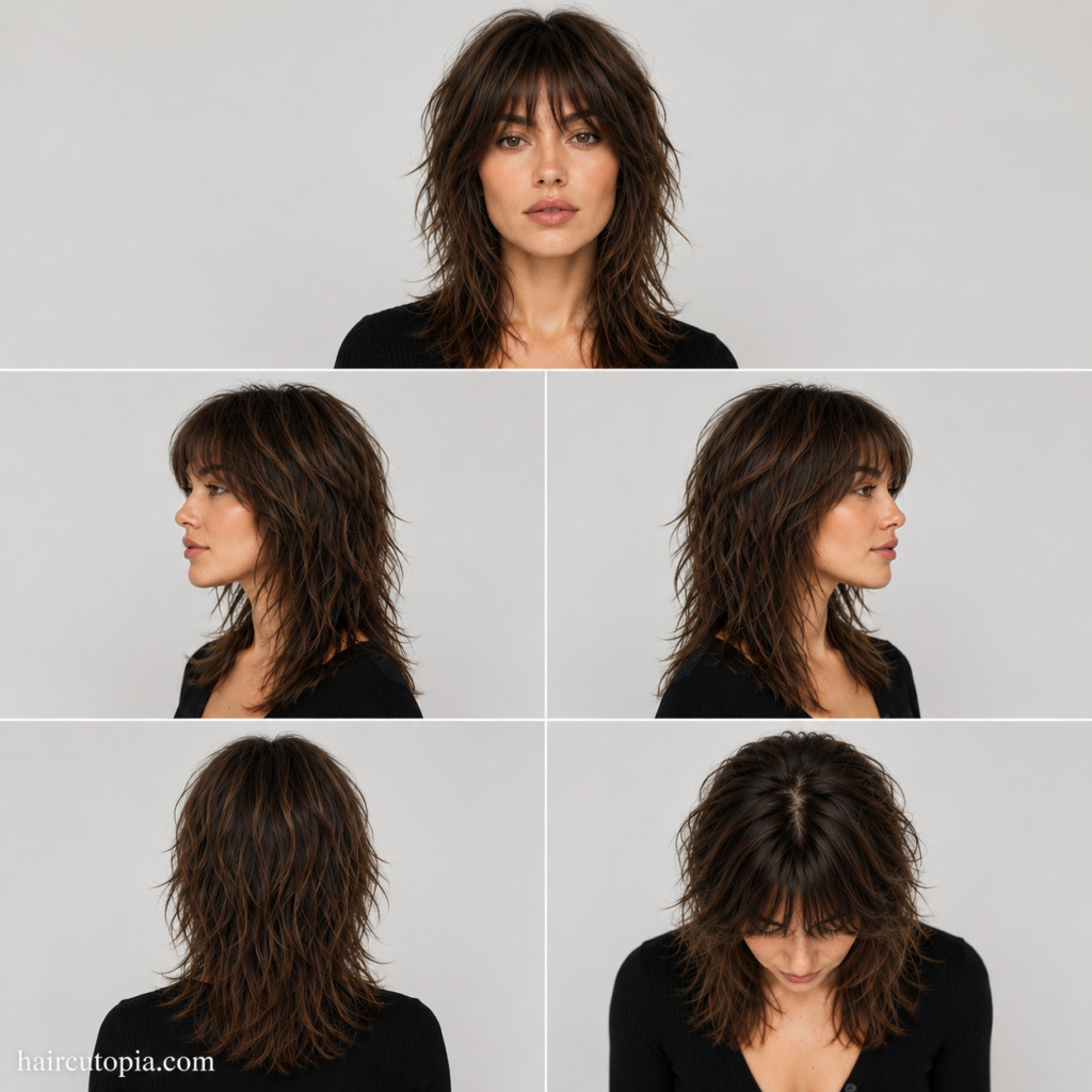 Five-panel collage showing a shag haircut for a long face from the front, left side, right side, back, and bird's-eye view.