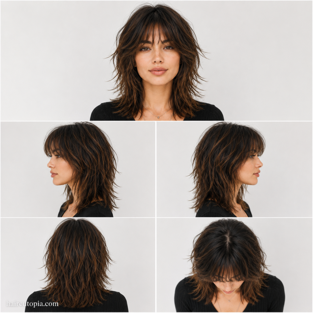 Five-panel collage showing a shag haircut for an oval face from the front, left side, right side, back, and bird's-eye views.